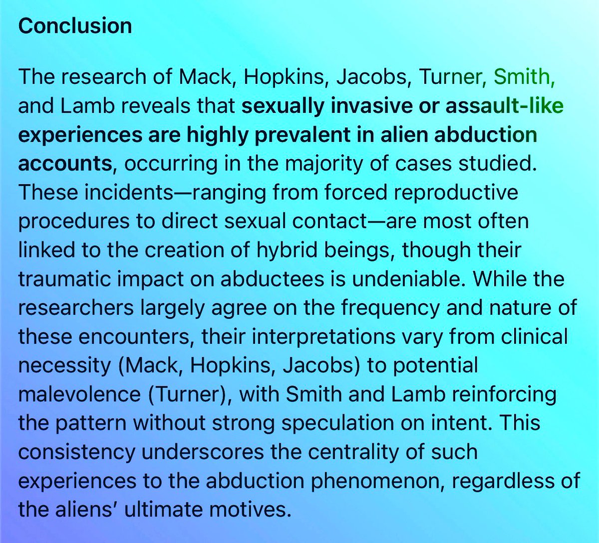 Researchers of the UFO alien abduction phenomenon, across the spectrum of "love &amp; light" researchers &amp; negative alien agenda researchers, ALL agree that abductees are being se-ually abused on the ships.

This includes children, and it shouldn't be excused or okay with ANYONE.