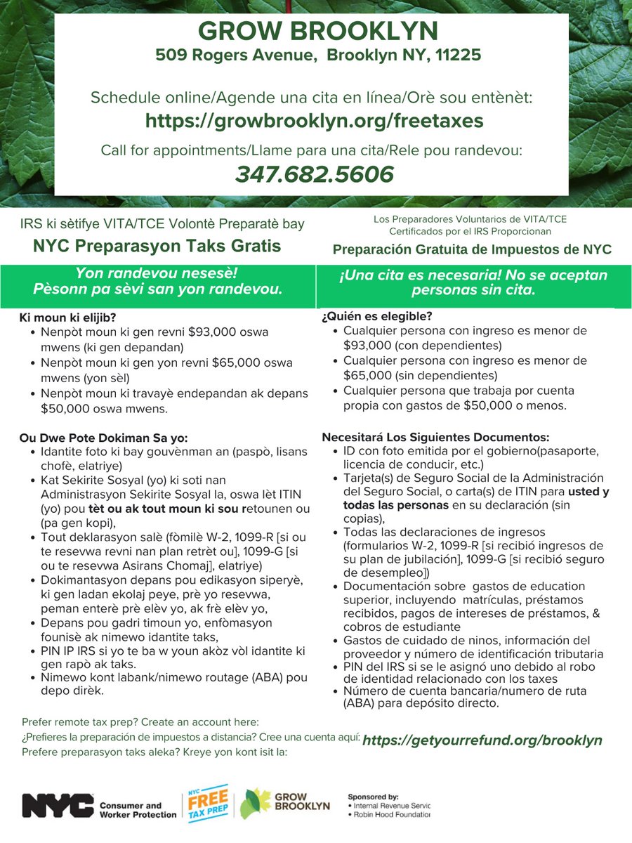 Grow Brooklyn is here for  families and individuals who need help filing taxes for free! The deadline is coming fast and we’ve got you covered. Call for appointments or book online: growbrooklyn.org/freetaxes  #brooklyn #CrownHeights #PLG #FREEtaxprep #taxes