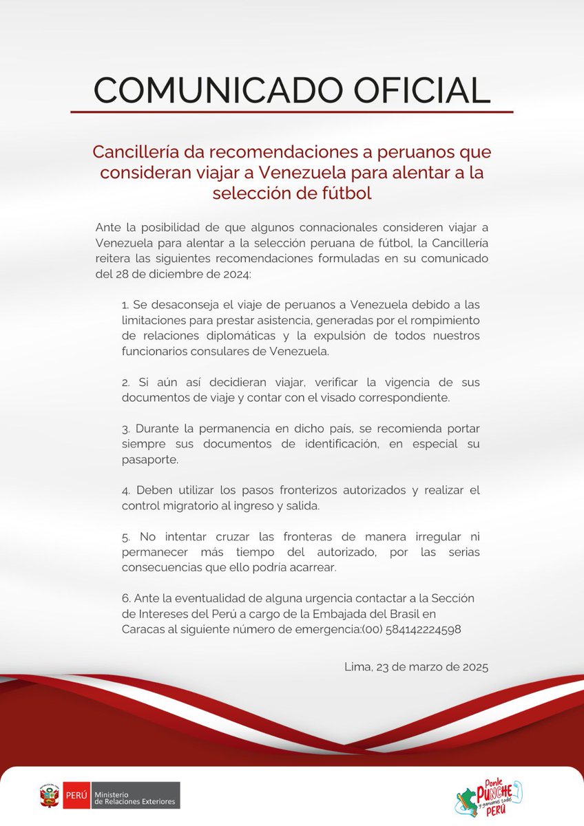 📄 Comunicado de Prensa N° 006-25: Cancillería da recomendaciones a peruanos que consideren viajar a Venezuela para alentar a la selección de fútbol.

👉gob.pe/es/n/1131495