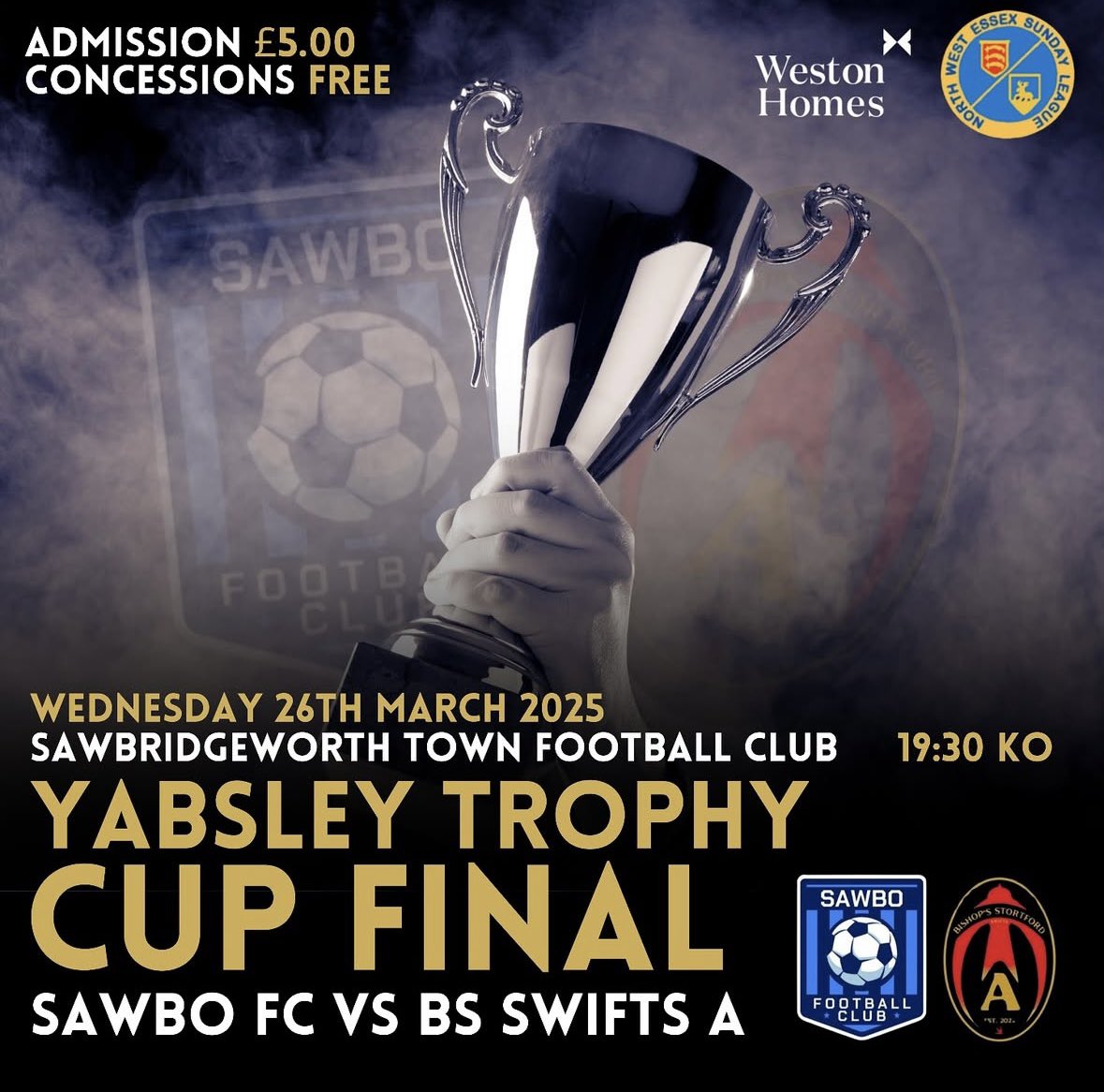 Attention now turns to wednesday for the Bert Yasbley Trophy 7:30 kick off at Sawbridgeworth Town FC get down and support the boys. £5 entry cash only 

Up the Sawbo 💙💙
