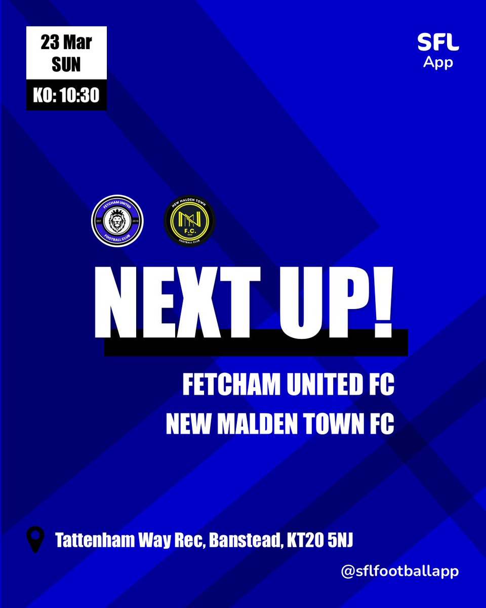 League match 16

🗓️23/03/2025
🆚New Malden Town (Home) 
🤝LDSFL Division 5
📍Tattenham Way Rec, KT20 
🕥1030 KO

A mid table clash this sunday against a team we beat in the title race after they pushed us the whole way. 

UTF💙