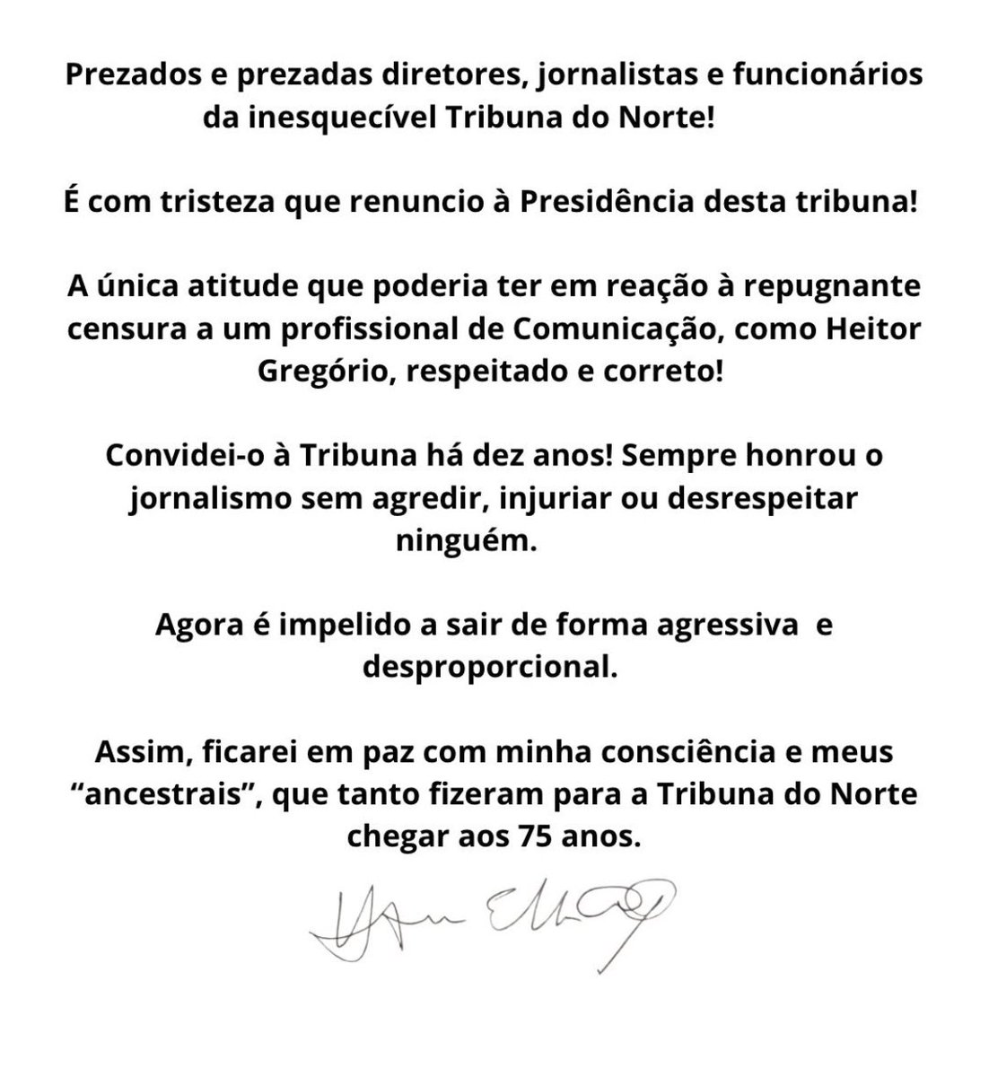 HenriqueEAlves's tweet photo. Minha carta renúncia à presidência da Tribuna do Norte… https://t.co/mRe7vp1D9O