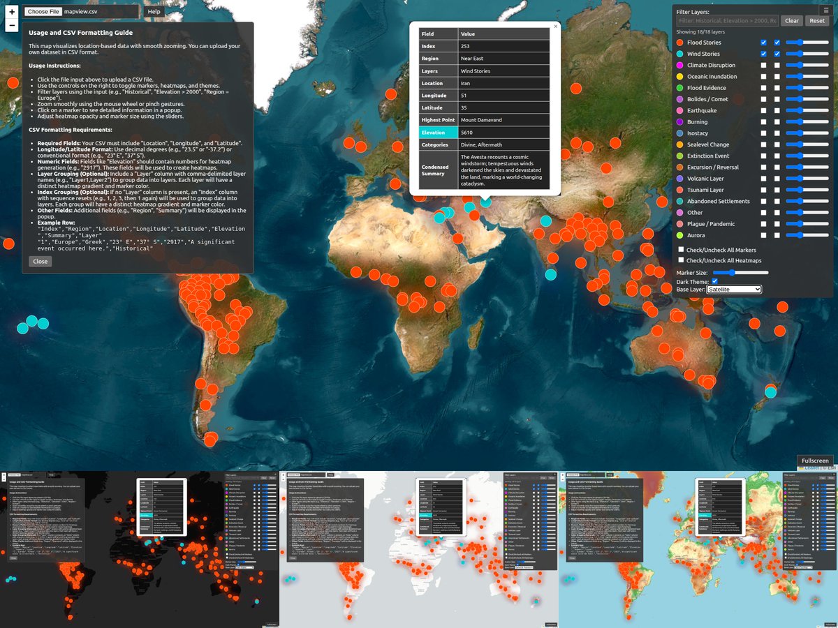 nobulart's tweet photo. This little mapping project has evolved [1]. The default dataset now includes 250 flood stories [2], 13 wind accounts [3] and 239 of the entries listed in the events database which had a geographic location associated with them [4], totalling 494 data points thus far. Layers can be displayed as markers and/or adjustable heatmaps. Seven basemaps available. 
[1] https://t.co/Jqiwx6IVwZ
[2] https://t.co/x7xaJnElHG
[3] https://t.co/MuNsF9Otxg
[4] https://t.co/tYXjYmEnv0