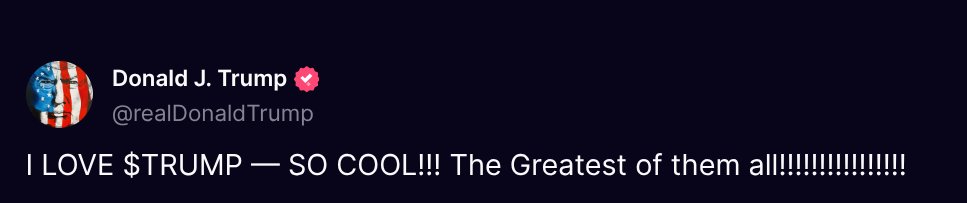 ( <a href="/realDonaldTrump/">Donald J. Trump</a> - Truth Social Post )
( Donald J. Trump - Mar 23, 2025, 11:33 AM ET )

I LOVE $TRUMP — SO COOL!!! The Greatest of them all!!!!!!!!!!!!!!!!