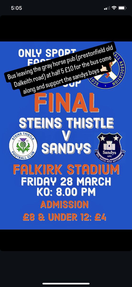 Massive one for the <a href="/AfcSandys/">Sandys Afc</a> boys a repeat for last seasons final.. hopefully a massive support can make it through to help get us over the line this time 🤙🏻🤙🏻