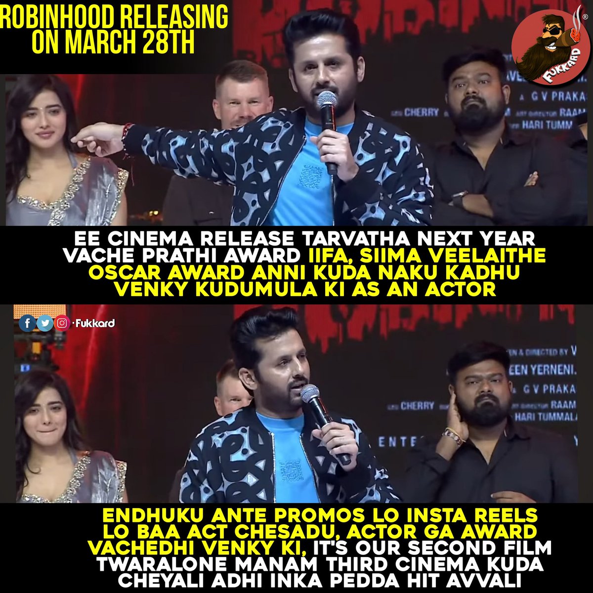 Fukkard's tweet photo. Hero @actor_nithiin heartfelt speech at the #Robinhood Pre-Release Event 

https://t.co/PNVCFQVud9

#Robinhood GRAND RELEASE WORLDWIDE ON MARCH 28th https://t.co/8AmaxUFozs
