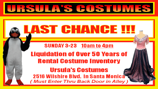 UrsulasCostumes's tweet photo. Last Chance Ursula's Costumes Liquidation Sale!
"Last Day"
Sunday March 23 10am - 4pm
Over 50 Years of Rental Costume Inventory Needs to go.
Ursula's Costumes
2516 Wilshire Blvd. Santa Monica, 90403
(Must Enter Through Back Door in Alley) https://t.co/P6BULvNHzm