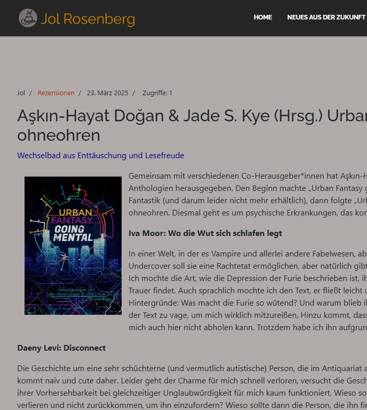 Diese Anthologie zu #mentalhealth traf an vielen Stellen nicht ganz meinen Geschmack, aber ein Text hat mich auch richtig umgehauen. Mehr gibt es hier zu lesen: jol-rosenberg.de/index.php/de/r…
#urbanfantasy #progressivefantastik