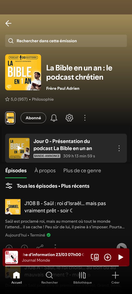 Mes amis cathos, si vous n'avez pas le temps de lire la Bible, il y a un excellent podcast qui vous permet de l'écouter en 365 jours sur Spotify et apple podcast. Je le partage avec vous. Chaque passage est accompagné d'un psaume et d'une prière. J'espère que vous allez aimer.