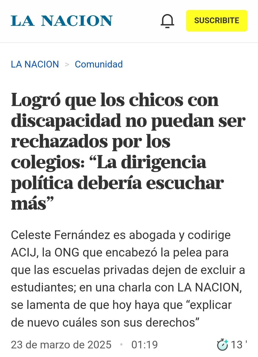 Destacar, recomendar, elogiar, sentir, agradecer. Gran nota de <a href="/paulasoler/">Paula Soler</a> en @lanacion de hoy a Celeste Fernández <a href="/cele_fernandez7/">Celeste Fernandez</a>, codirectora de @Acijargentina. Sobre la historia de un fallo que puso un límite a la discriminación y los prejuicios que impiden que la Educación
