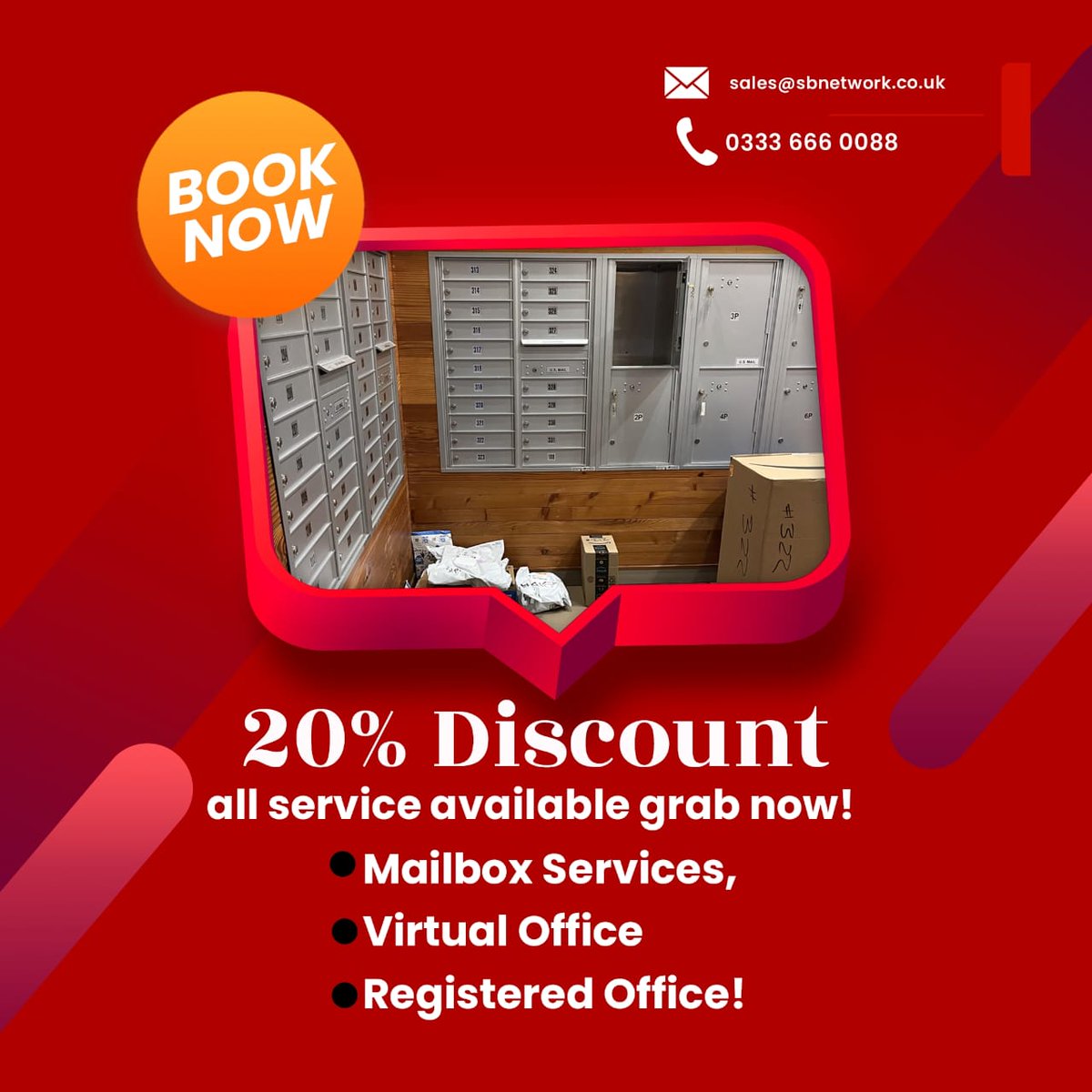 🎉 Exciting Offer Alert! 🎉 Get 20% OFF on our Mailbox Services, Virtual Office, and Registered Office solutions! 🏢📬Don't miss out on this limited-time offer! 
Call Now: +44 333 666 0088
sbnetwork.co.uk