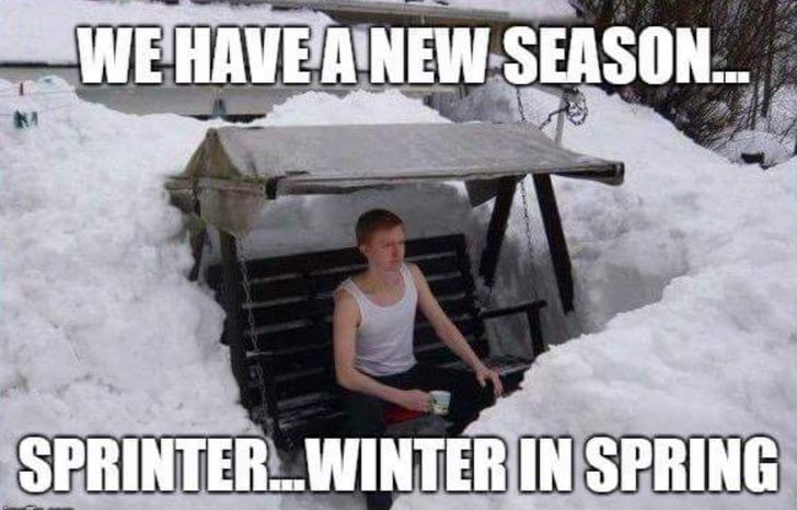 DiggerKPs139's tweet image. Happy Sprinter! Went to sleep with brown grass and woke up to heavy snow falling. I haven’t measured but it’s close to 6” so far. It’s spring in MN so you never know what weather you will have. Time to help my husband move some snow. Have a fabulous day! #Spring #MNSpring