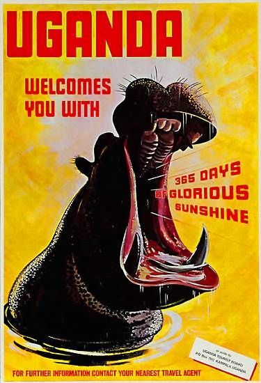 Shouting the message: Classic Africa Travel Poster #17. A bellowing hippo against a blazing sun really drew attention in the early 1960s.  Did you know it doesn't rain in Uganda?