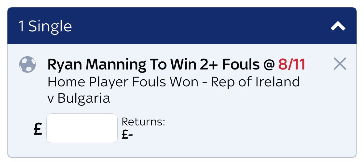 Had a decent bet on the below.

Manning won 6 fouls in first leg

Ireland were fouled 20 times in Bulgaria and I can see it being another scrappy affair here with the score 2-1.

Hoping he’s starting 🙏