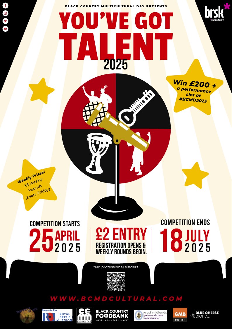 Black Country Multicultural Day (@bcmdcultural) on Twitter photo Black Country Talent Show Sponsored by <a href="/Brsk_uk/">brsk</a> Starts 25th April at The Swan Bar & Grill (13+) Picks Halesowen (18+) from 7.30pm to 10.30pm. On 9th & 16t May at <a href="/coneygre/">Malcolm Beazley</a> centre Tipton (13+)
£2.00 to enter all talent shows.
All money from the entry fee goes to <a href="/bcfoodbank/">blackcountryfoodbank</a> Black Country Talent Show Sponsored by <a href="/Brsk_uk/">brsk</a> Starts 25th April at The Swan Bar & Grill (13+) Picks Halesowen (18+) from 7.30pm to 10.30pm. On 9th & 16t May at <a href="/coneygre/">Malcolm Beazley</a> centre Tipton (13+)
£2.00 to enter all talent shows.
All money from the entry fee goes to <a href="/bcfoodbank/">blackcountryfoodbank</a>