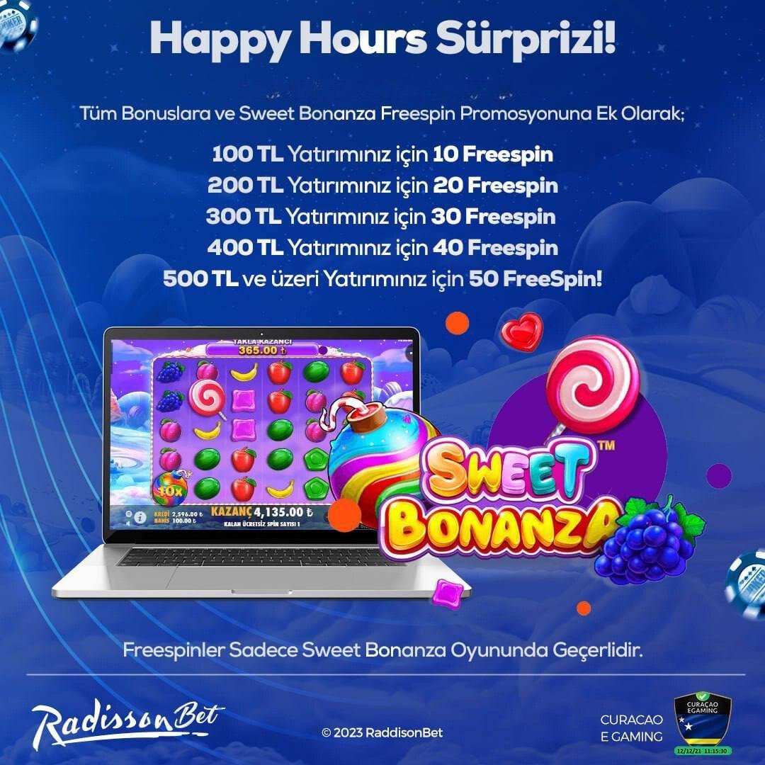 radissonbets's tweet photo. 💎#Radissonbet'ten Happy Hours Sürprizi!

👉🏻 RadissonBet’te Günü kazançla bitirin!

🤩20:00 - 23:59 Saatleri Arasında Yatırımlarınızda;

100₺ için 10 FS
200₺ için 20 FS

✅Freespinler Sadece Sweet Bonanza Oyununda Geçerlidir.

👉🏻 https://t.co/1c5lztKjET https://t.co/9KsdIDsOX8