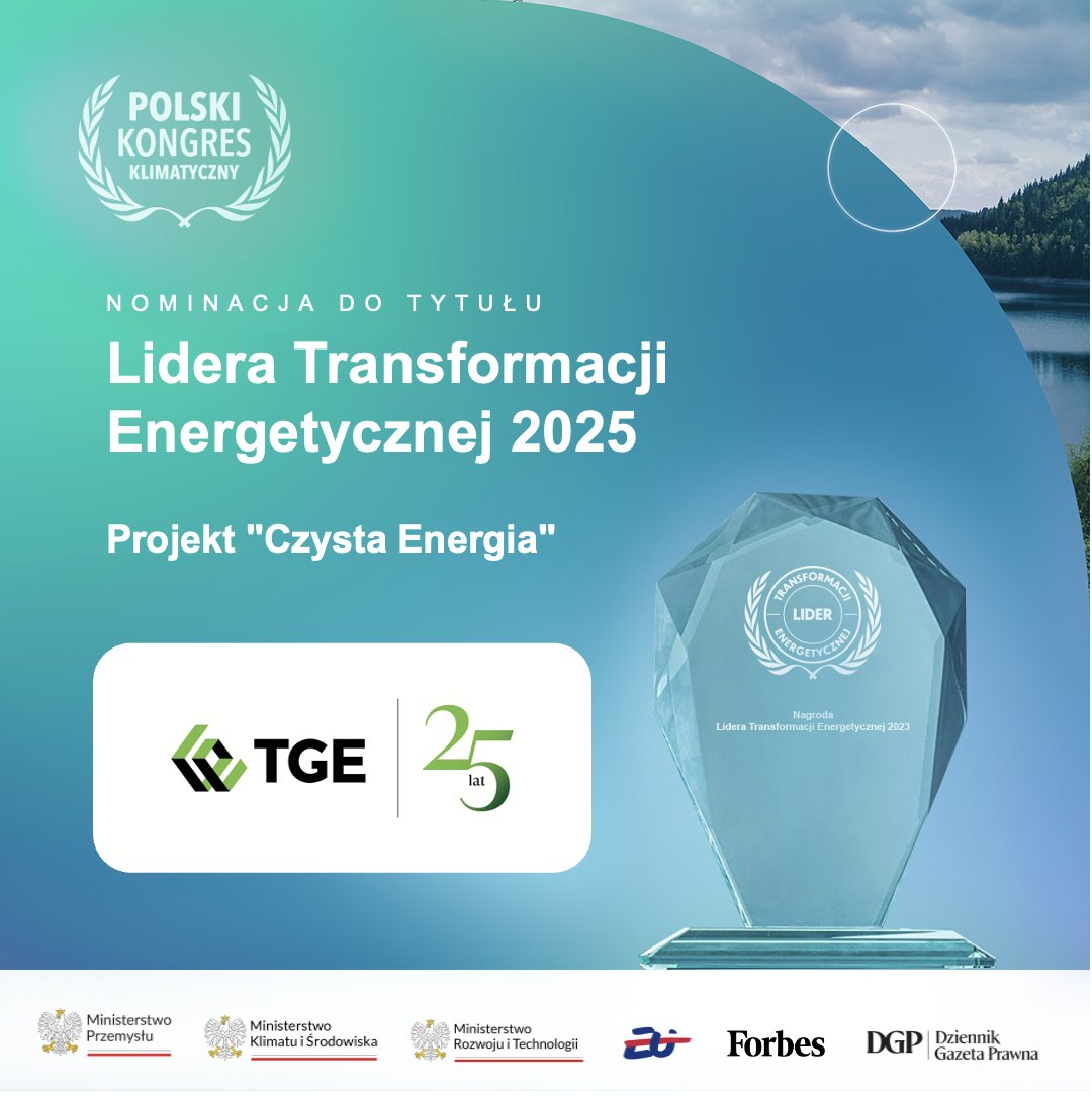 Nominację do tytułu Lidera Transformacji Energetycznej uzyskała Towarowa Giełda Energii za projekt ,,Czysta Energia" - zespół rozwiązań giełdowych, produktów i inicjatyw, które są skierowane do sektora odnawialnych źródeł energii i stanowią odpowiedź na jego potrzeby.
