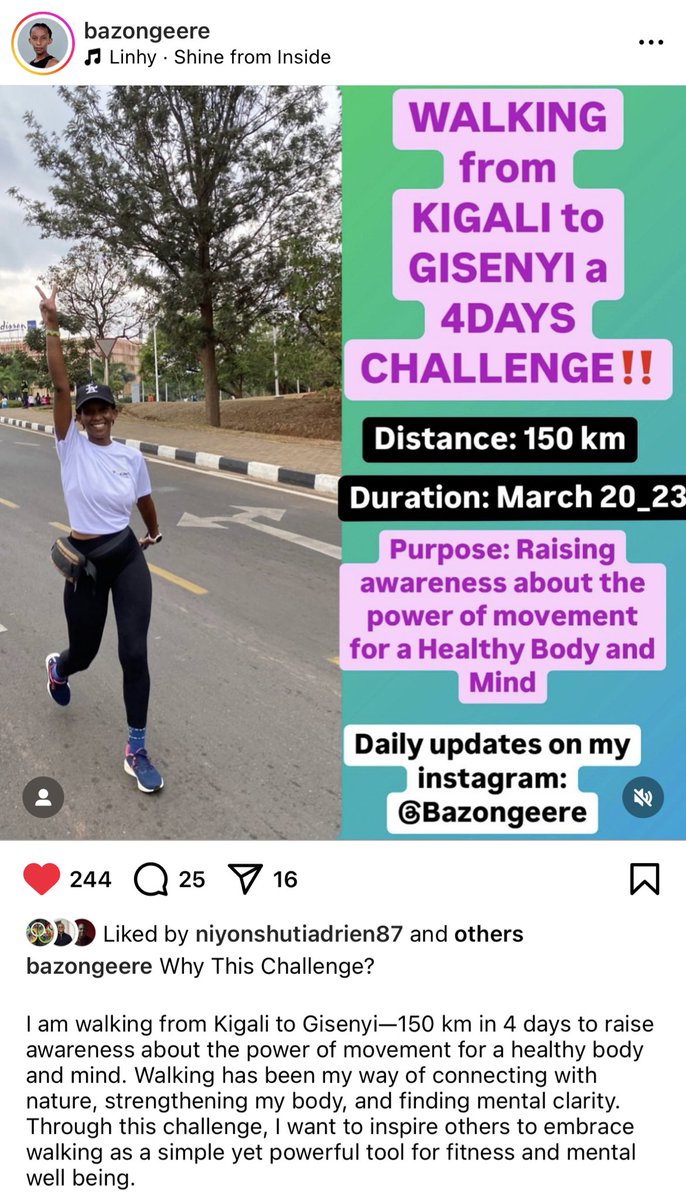 PMudakikwa's tweet image. Benshi mumuzi nk’umukinnyi wa film hano mu #Rwanda 🇷🇼 
@RosineBazongere yagenze ibirometero 150 n’amaguru kuva muri @CityofKigali kugera mu mujyi wa @RubavuDistrict mu minsi 4 (ni ukuvuga nibura ibirometero 37.5 ku munsi)
Wowe wagenda bingahe ku munsi? 
Wagenda bingahe mu minsi…