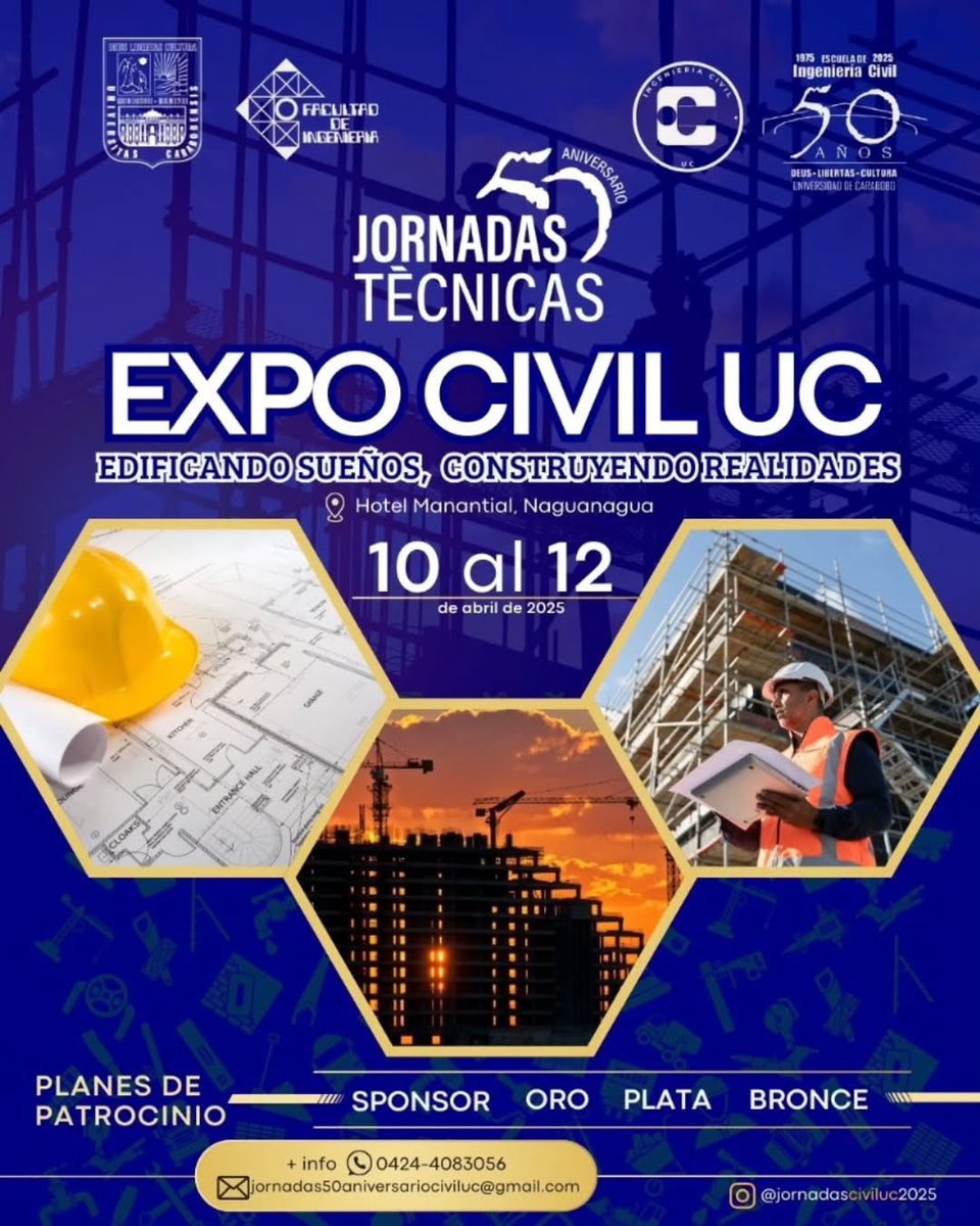 Escuela de Ingeniería Civil de la <a href="/FacIngenieriaUC/">Facultad de Ingeniería UC</a> está de fiesta 🎉 

📅 Del 10 al 12 de abril, los invitamos a las Jornadas Técnicas que se realizarán en el Hotel Manantial, Naguanagua.

#IngenieríaCivilUC