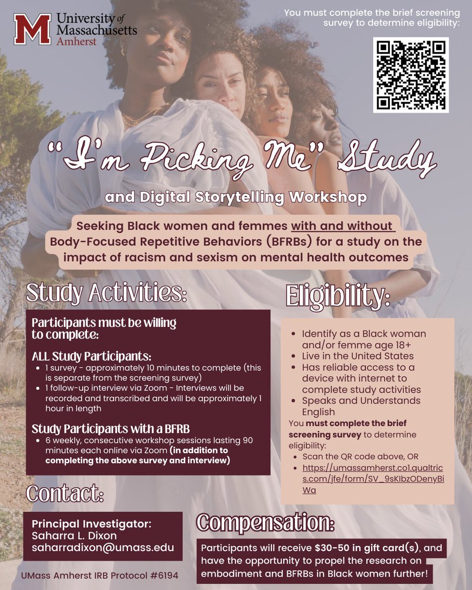 Are you a #BlackWoman with a #BFRB? Do you pull your hair, pick your skin, bite your nails excessively and chronically? I am hosting a #DigitalStorytelling workshop to explore our experiences of being Black with BFRB for my dissertation. Message me for more details 🫶🏽