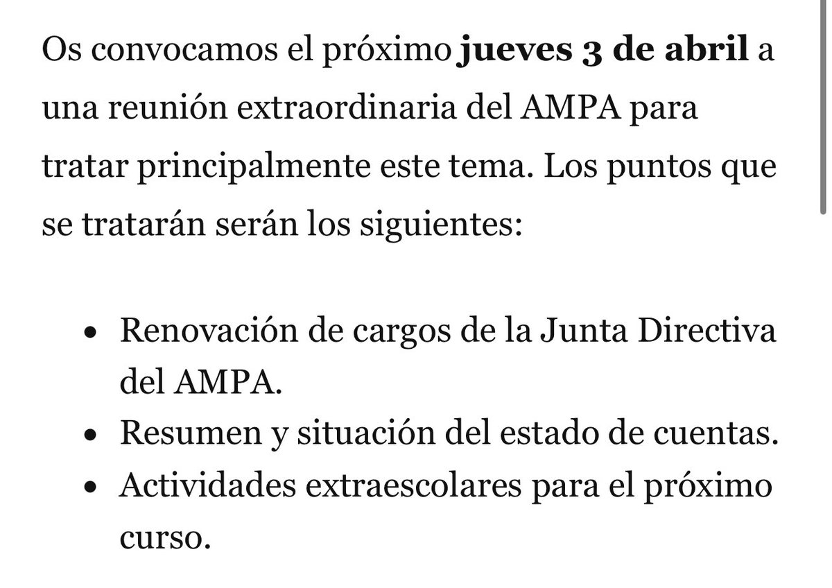 El próximo 3 de abril convocamos la junta extraordinaria de la Ampa, para entre otros temas urgentes, tratar la renovación de la junta directiva. Algunos de los miembros de dicha junta tienen que dejarla, ya que sus hijos terminan su etapa en el instituto.