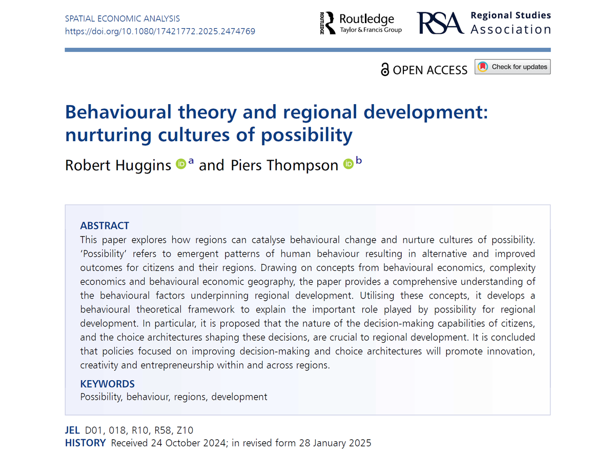 Ugo Fratesi (@ugofratesi) on Twitter photo The 2024 #Bristol <a href="/spatialeconomic/">Spatial Economic Analysis</a> annual lecture is now a paper by Robert #Huggins and Piers #Thompson. Delves into the complex relationship between #behavioural theories and #regional #development with a focus on the concept of #possibility. OA tandfonline.com/doi/full/10.10β¦ The 2024 #Bristol <a href="/spatialeconomic/">Spatial Economic Analysis</a> annual lecture is now a paper by Robert #Huggins and Piers #Thompson. Delves into the complex relationship between #behavioural theories and #regional #development with a focus on the concept of #possibility. OA tandfonline.com/doi/full/10.10β¦