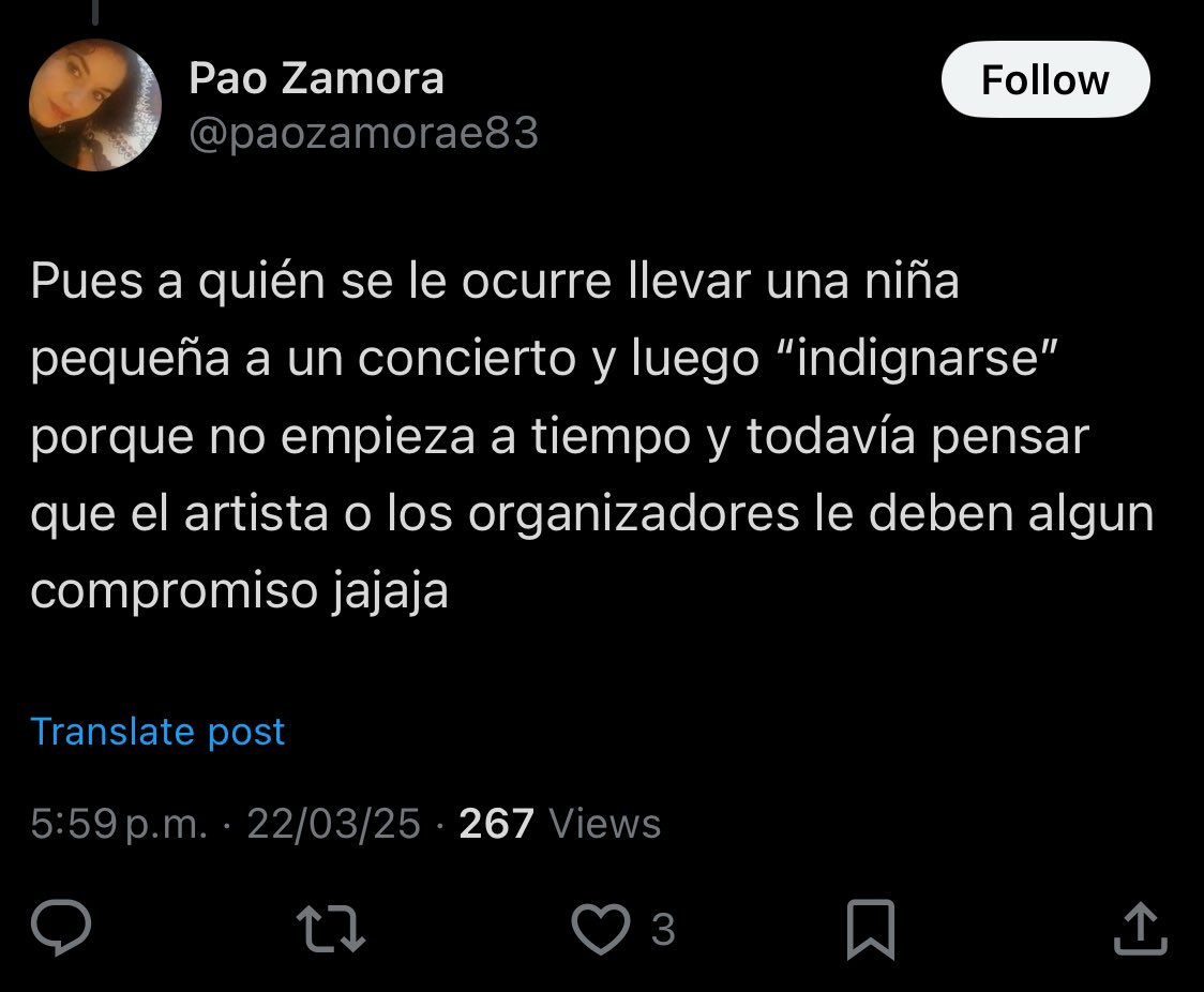 Qué pedo la gente defendiendo que un artista salga DOS HORAS tarde? No sé a qué tipo de artistas dlv vayan a ver, pero no mamen. Y no llevar niños? Hasta a los conciertos de rock y metal llevan y no pasa nada. Pinche raza orate.