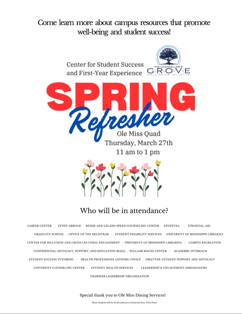 olemissasp's tweet image. No Student Success Workshop this week - instead, come see us at the Spring Refresher in the Quad on Thursday from 11 am til 1 pm. Lots of Ole Miss departments and organizations to talk to about Student Success! #OleMiss #AcademicSupport #CSSFYE #StudentSuccess