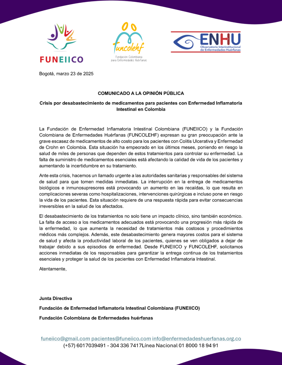 funeiico's tweet photo. La escasez de medicamentos para pacientes con #EII en Colombia pone en riesgo su salud
Desde @FUNEIICO y @FUNCOLEHF hacemos un llamado urgente a las autoridades para garantizar el acceso a estos tratamientos esenciales
¡Ayúdanos a compartir para visibilizar esta petición! https://t.co/15bNpjBMK6