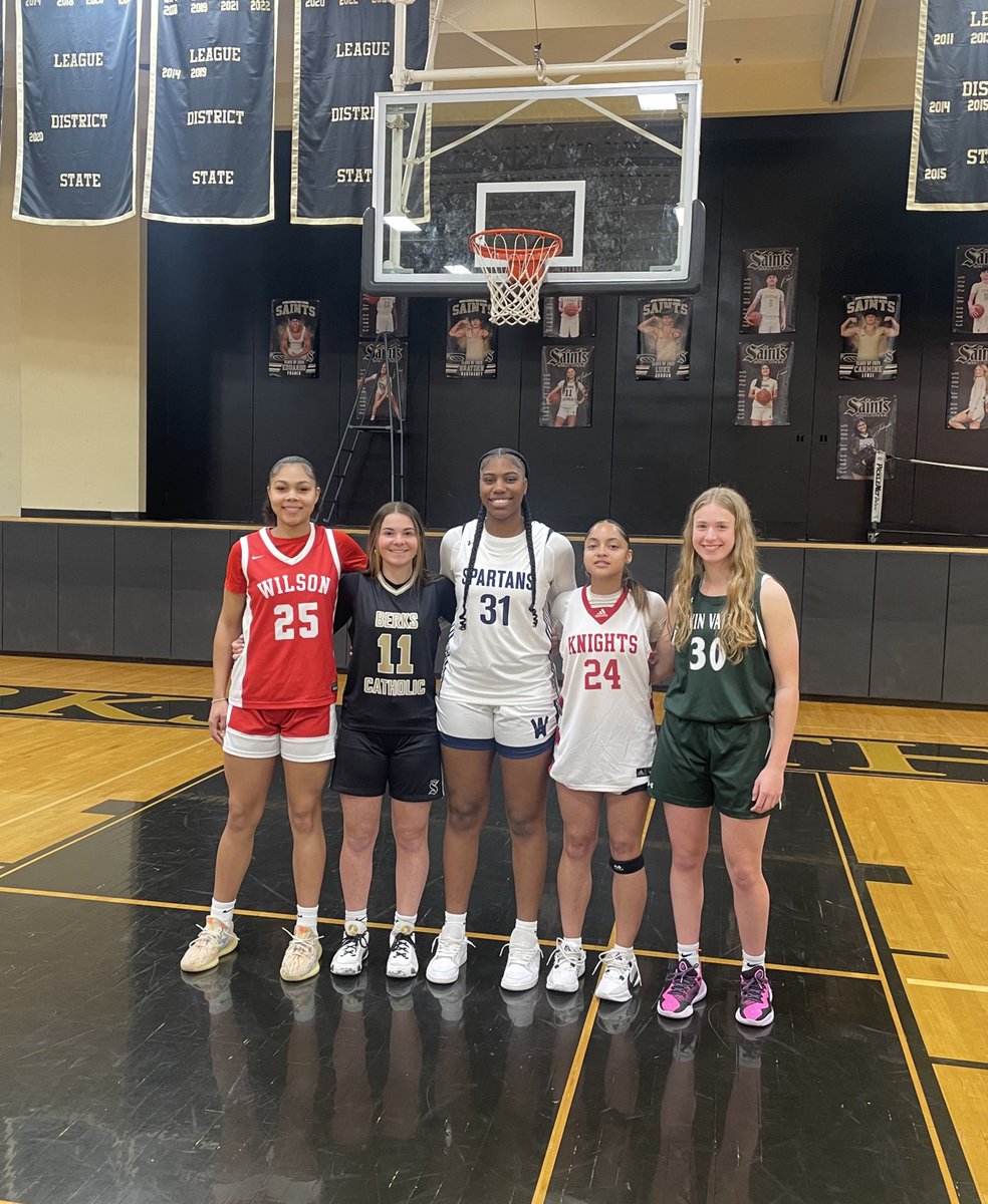 The 2024-25 All-Berks girls basketball team: Wilson so. Kailani Hardy, BC sr. Madison Langdon, Wyo sr. Amaya Stewart, Reading sr. Yamilex Rodriguez, TV jr. Hailey Kilgore. 

Missing from photo: Brandywine sr. Addison Benner, Gov. Mifflin so. Bella Super. 

#BerksGirlsBasketball