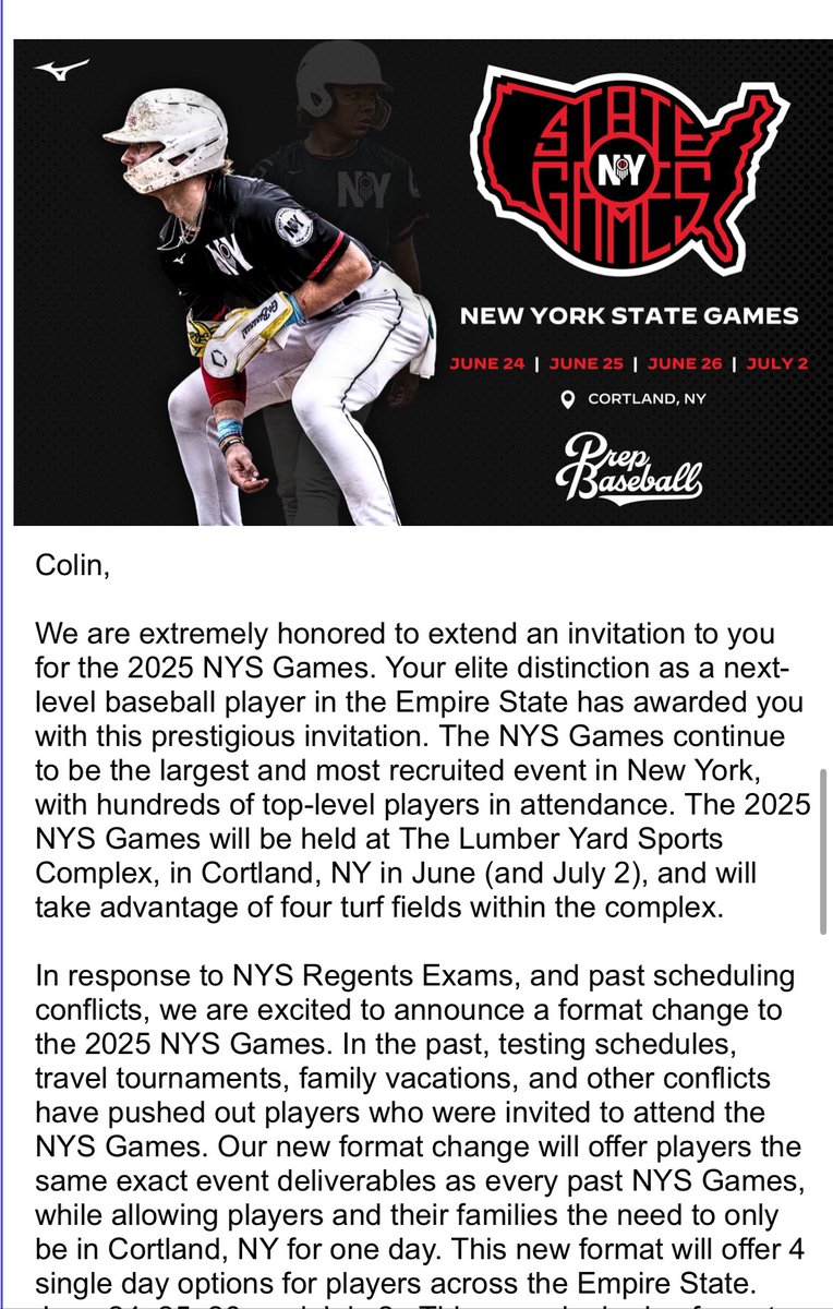 Thank you <a href="/PrepBaseballNY/">Prep Baseball New York</a> for the invite to the 2025 New York State Games! <a href="/SportsZoneAcad/">Syracuse Sports Zone</a> <a href="/SZ_Recruits/">Syracuse Sports Zone Recruits</a> <a href="/wgcatsbaseball/">WestGeneseeBaseball</a>