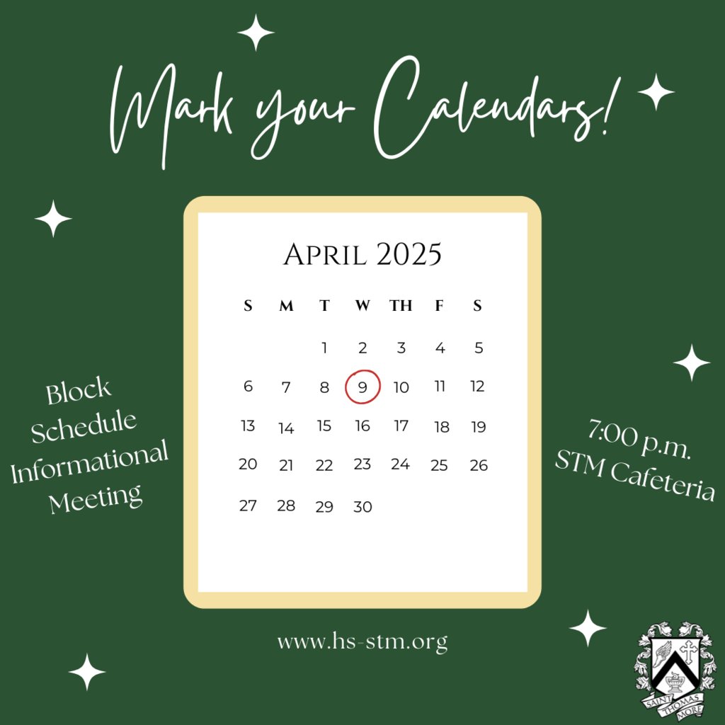 Current, incoming, and interested parents and students, mark your calendars! We will have a Block Schedule Informational Night on Wednesday, April 9 at 7:00 p.m. in the STM Cafeteria. Come hear about next year's new bell schedule and the exciting opportunities available!