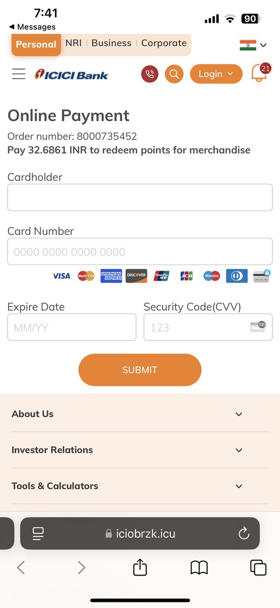 snsmehta's tweet photo. ♦️Sunday Funday :

Romance with #Phishing #Scam #Adventure 🙂☕  

Yesterday I had received a phishing SMS mesage claiming from #ICICI #Bank!  

❗️SMS said :  

"ICICI Bank Notice: Your 3022 points are expiring in 24 hours! Click here to redeem your gift!"

So, I opened the link https://t.co/aSAewEcwnO