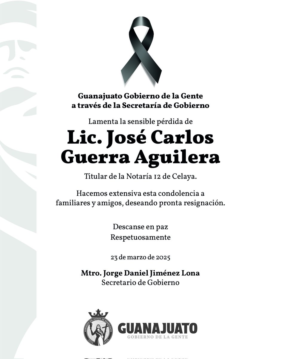 Lamentamos profundamente el fallecimiento del Notario José Carlos Guerra Aguilera, enviamos nuestras condolencias a su familia, amigos y colegas.

Descanse en paz.🕊