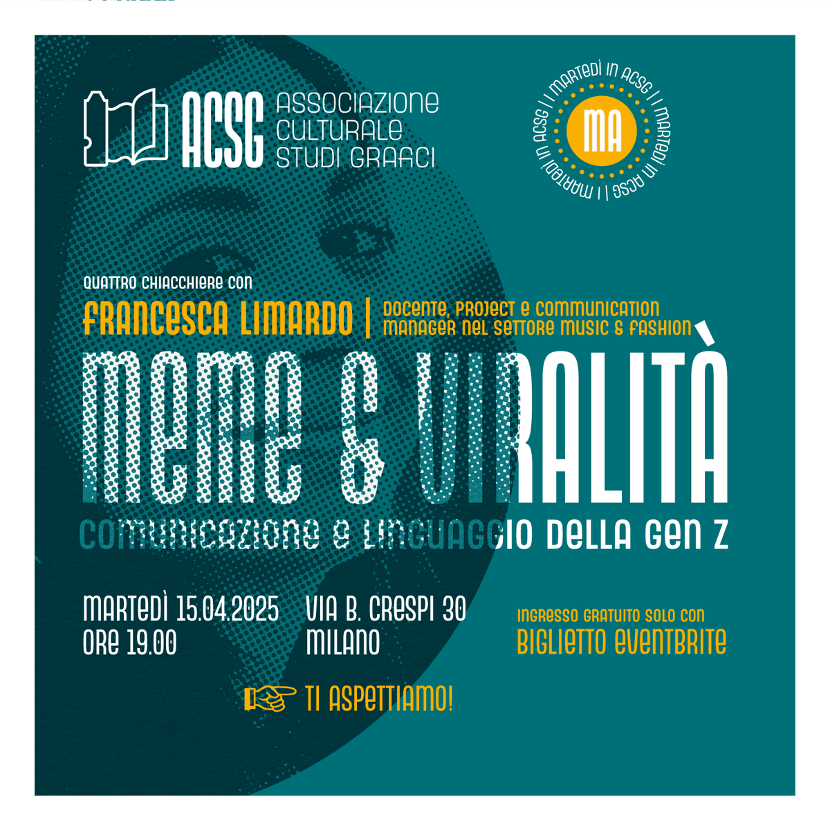 ACSG_MI's tweet photo. MEME E VIRALITÀ

I Martedì in ACSG tornano con un nuovo appuntamento!

Lo fanno martedì 15 aprile, alle ore 19.00 come da tradizione.

Come fanno i meme e i contenuti virali a combinare umorismo, design e trend culturali per dominare nella comunicazione online? https://t.co/FMfOPzSxm2