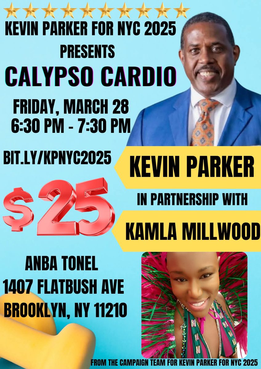 Please join me on 3/28 for Cardio Calypso at 1407 Flatbush Ave. to support Kevin Parker for NYC Comptroller. Please donate at his campaign link:  bit.ly/KPNYC2025. Every donation matters.