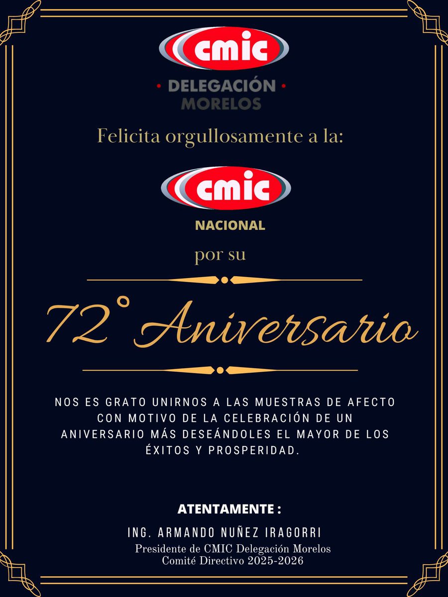 ☀️ Este día celebramos 72 años de la fundación de la Cámara Mexicana de la Industria de la Construcción 🚧 

🏡 En la CMIC Delegación Morelos nos sentimos orgullosos de estas más de siete  décadas de trabajo en el desarollo de la infraestructura 🦺 

🏗️ Construir a México 🇲🇽