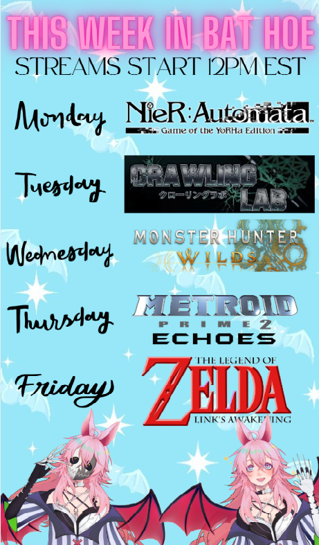✨🦇HOLY POOP NEW SCHEDULE IS UP AND READY? AT THIS HOUR OF THE DAY??? AURORA BOREALIS?!?!?!🦇✨

Come Say Hi!!! ⏬⏬
twitch.tv/daisychiroptera

#vtuber #VtubersUprising #ENVtuber #cute #bats #NieRAutomata #NieR #metroid #metroidvania #MonsterHunterWilds #MonsterHunter #Zelda