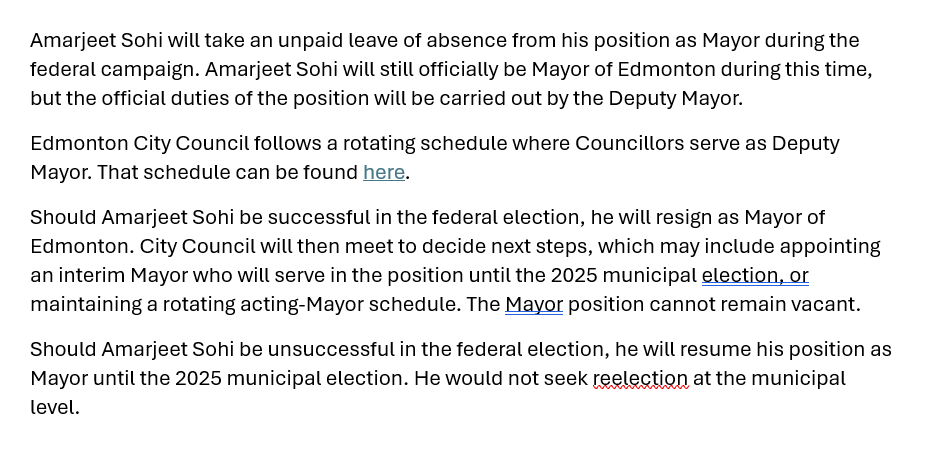 cspotweet's tweet photo. So what happens to the mayor's chair with Amarjeet Sohi running in Edmonton South East for the federal Liberals?

He will take a leave of absence, with a rotation of deputy mayors for the time being. Here's the process from the mayor's office. #yeg #yegcc #ableg https://t.co/indWGMTxZy