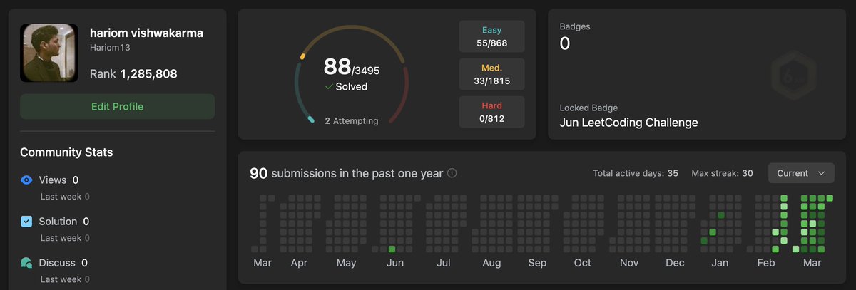 hariom13_'s tweet image. #Day30 of #100DaysOfCode
- Solved 2 easy and 1 medium array questions on LeetCode
- Worked on personal portfolio, learned BLoC pattern basics, completed 2 projects to grasp Flutter fundamentals
- Reviewed JavaScript
#learningpublic #appDevelopment #DSA #challenge