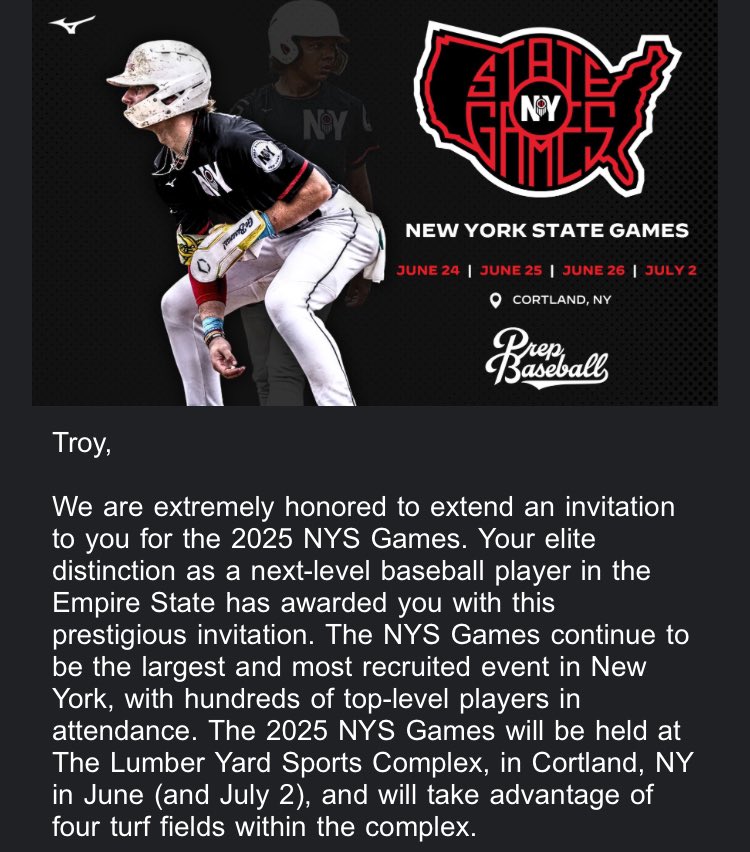 troyborkowski07's tweet photo. Thank you @PrepBaseballNY for the invite to the 2025 New York State Games. I’m excited to attend on July 2nd. @Academy_BB_SB @DanCevette https://t.co/t4VpvhzHln