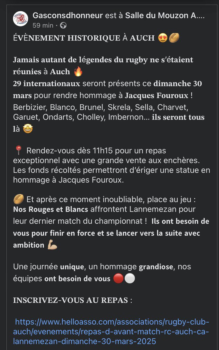 Dès qu’il y a un repas exceptionnel, vous êtes sûrs que Denis Charvet répond présent (ainsi que le grand Serge) <a href="/AAigoinRMCSPORT/">Adrien Aigoin</a> <a href="/Moscato_Show/">Super Moscato Show</a> 
Une belle manifestation avec des légendes pour rendre hommage au Petit Caporal dans la capitale de la Gascogne <a href="/RCAuchGascogne/">Rugby Club Auch</a> ! 😉