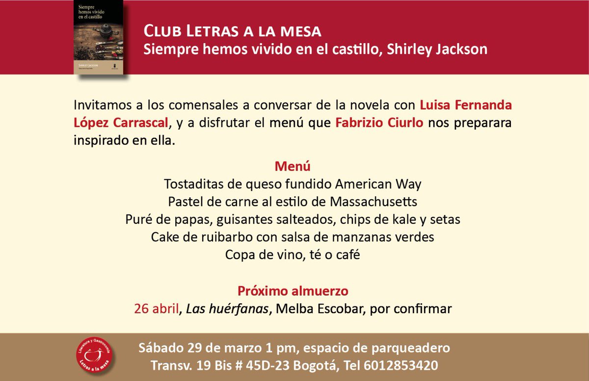 Almuerzo con la novela “Siempre hemos vivido en el castillo” de la autora del suspenso Shirley Jackson. Nos acompaña en la conversación Luis Fernanda López Carrascal. @editorialminuscula <a href="/somossiglo/">Siglo | las formas del pensamiento</a> libreriacasatomada.com/categoria/letr…