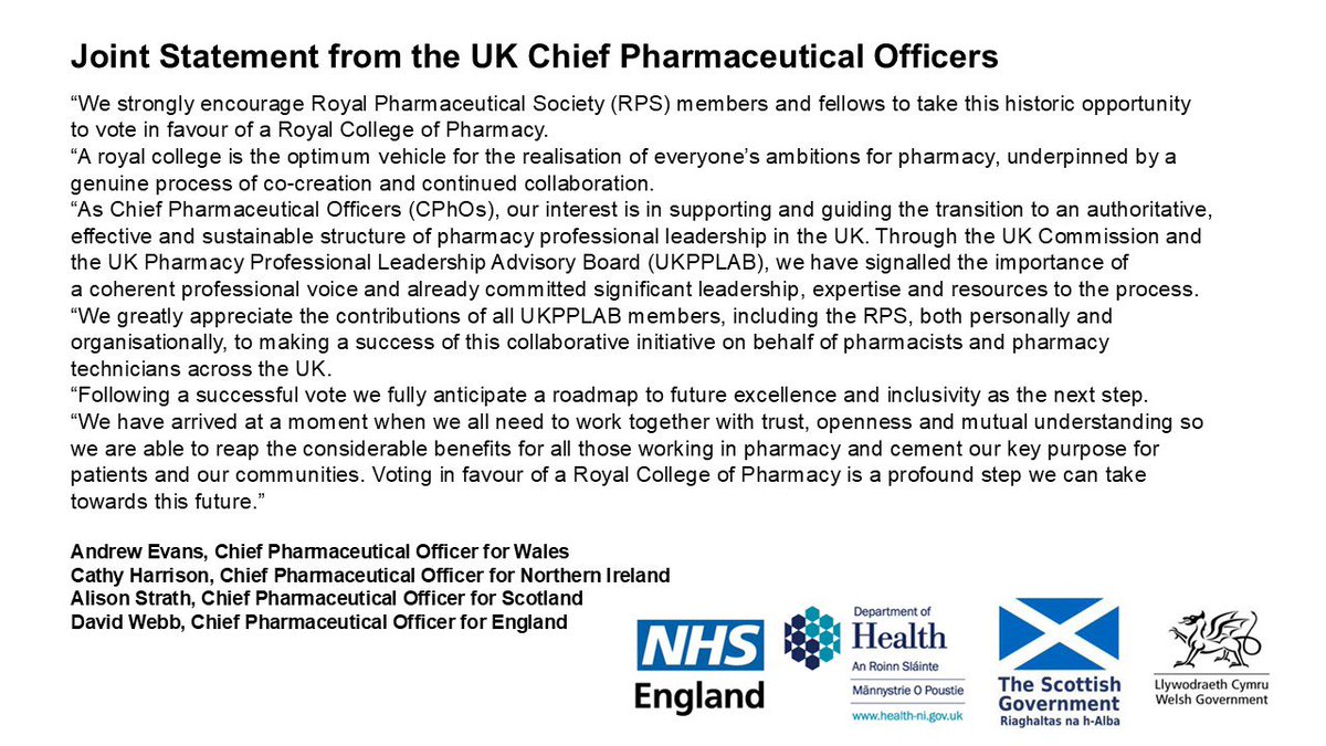 Elevating Education &amp; Research—Your Vote Matters🙏🏽
What can a Royal College do?
📚Set higher standards in education &amp; training
🔬Support pharmacy-led research in NHS reforms
🌍Elevate UK pharmacy on GLOBAL stage
📢 RPS members—vote YES &amp; shape a stronger future! 🗳✅
#RPSVote