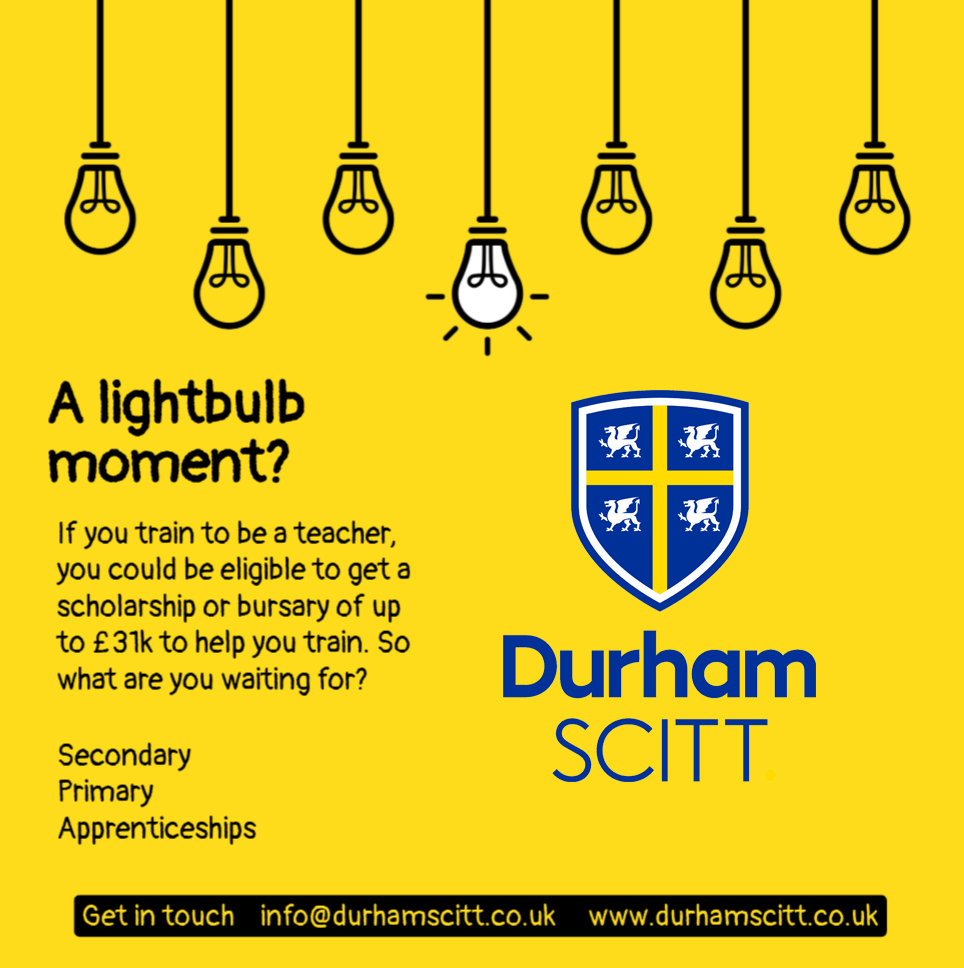 Durham SCITT (@durhamscitt) on Twitter photo With generous bursaries and outstanding support, there has never been a better time to train to teach. Get in touch for more information about your journey to Qualified Teacher Status.
info@durhamscitt.co.uk
durhamscitt.co.uk With generous bursaries and outstanding support, there has never been a better time to train to teach. Get in touch for more information about your journey to Qualified Teacher Status.
info@durhamscitt.co.uk
durhamscitt.co.uk