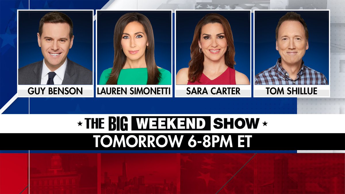 Looking forward to another fantastic day with <a href="/BigWeekendShow/">The Big Weekend Show</a> 
Join us tonight on <a href="/FoxNews/">Fox News</a> 6 pm to 8 pm EST 
So much to discuss !!!