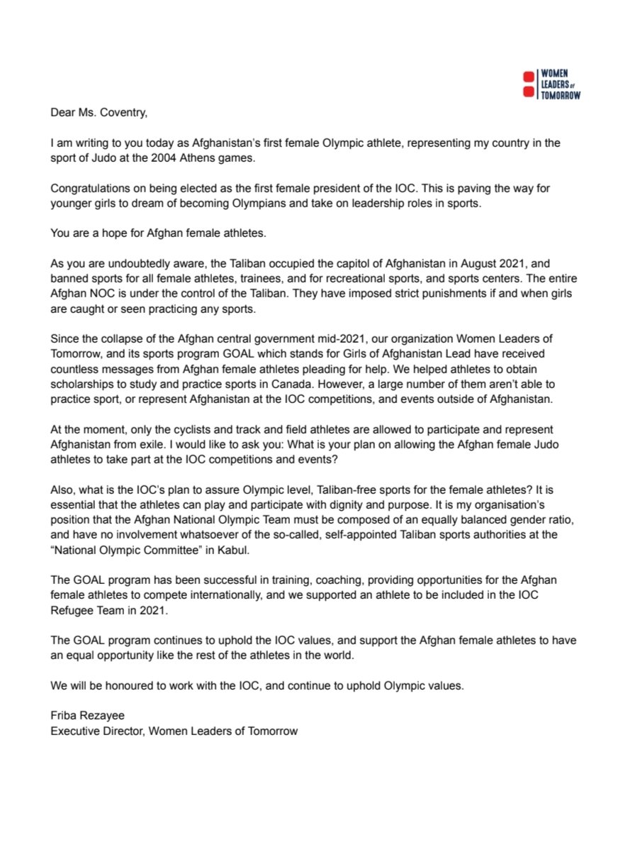 Friba Rezayee (@fribarezayee) on Twitter photo We want full and meaningful participation of Afghan women athletes in the sports. You can do it! <a href="/iocmedia/">IOC MEDIA</a> We want full and meaningful participation of Afghan women athletes in the sports. You can do it! <a href="/iocmedia/">IOC MEDIA</a>