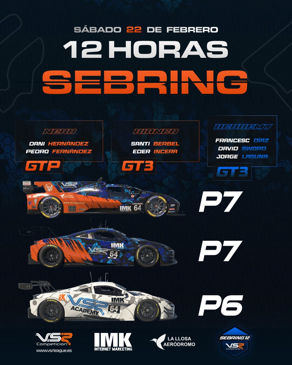 Resultados de las 12h Sebring <a href="/iRacing/">iRacing</a> 
Todos cruzaron bandera a cuadros en el top 10🏁
Se nos escaparon los podios, pero no nos olvidamos el mérito de cruzar meta en unas 12h multiclase.
Grande chavales!!!. A por las siguientes.