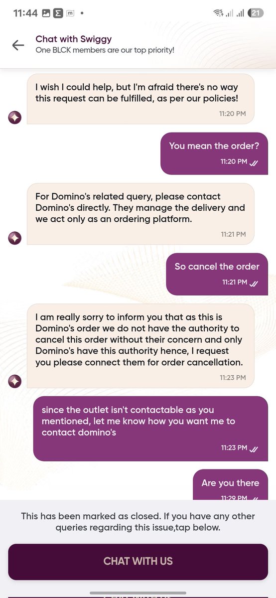 peace_at_work's tweet photo. @Swiggy @SwiggyCares  Terrible experience dealing with customer service. Your guys have no clue what's going on with your orders. @dominos_india 30 mins delivery is a false promise. https://t.co/udZfjKNrwV