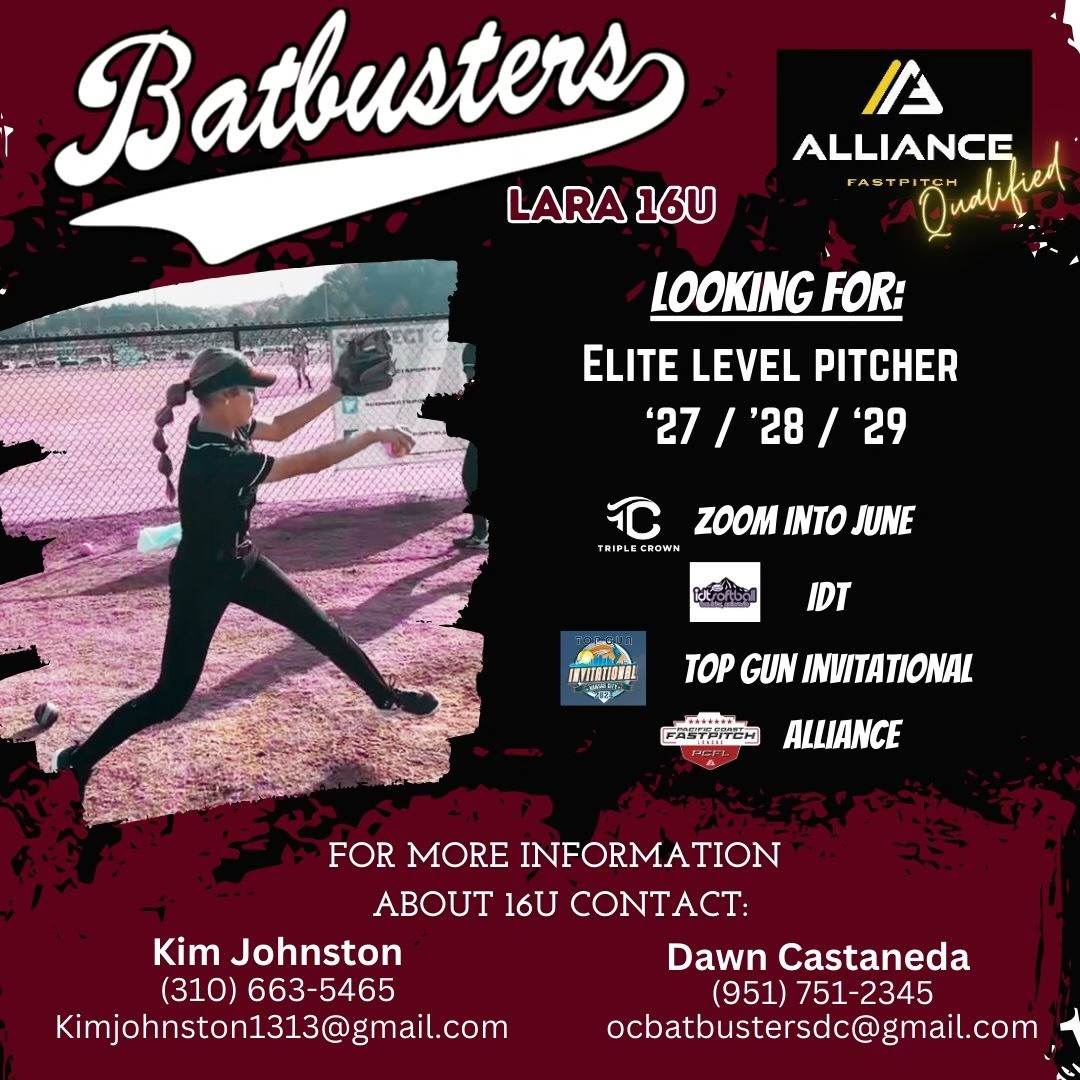 18u and 16u looking for pitcher to compliment our staff. Attending: Zoom Into June, Top Gun, Patriot Games, IDT and Alliance this summer. Next practice 3/30